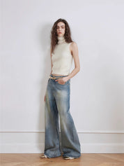 "Magic Dream" Retro Modern Washed Chicken Claw Wrinkled Jeans Women's Spacious Straight Wide Leg Pants