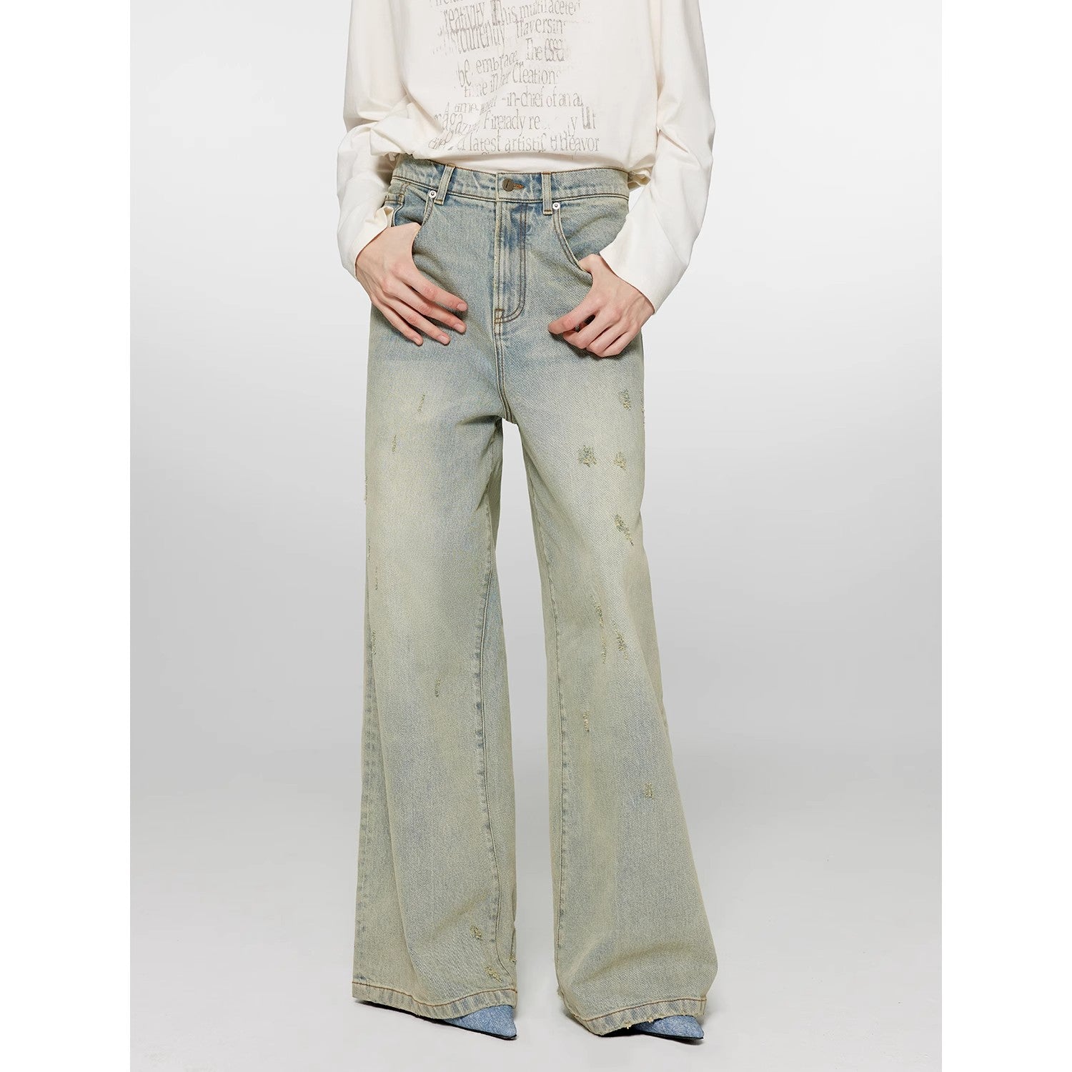 "90 Street" Retro Washed Distressed Straight Leg Wide Leg Low Crotch Jeans Women's Loose Pants