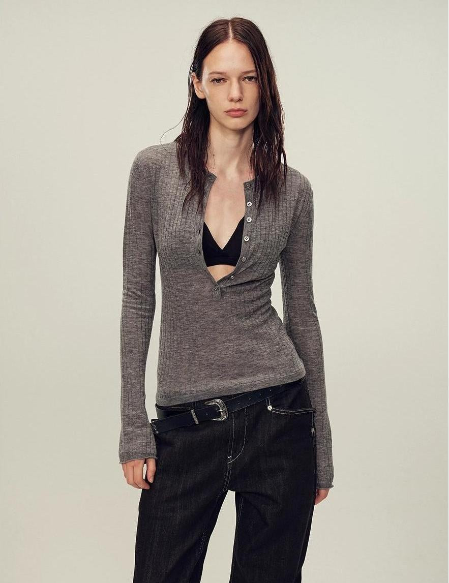 Ultrafine water-soluble wool blended versatile V-neck cardigan long-sleeved knitted top "Warm Brown Quiet Autumn"