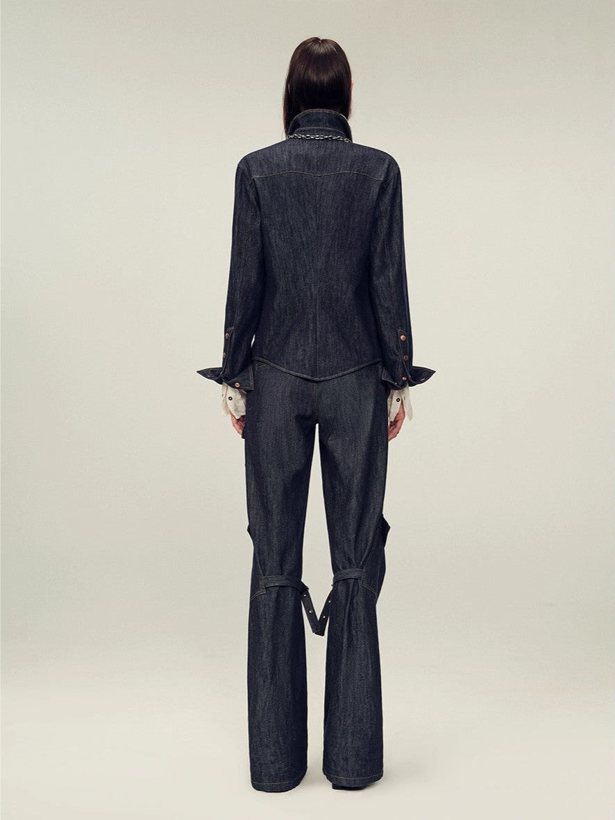 Vintage raw cotton and linen custom red copper rivet lapel pleated waist slim shirt "Daydream Blue"
