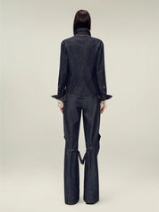 Vintage raw cotton and linen custom red copper rivet lapel pleated waist slim shirt "Daydream Blue"