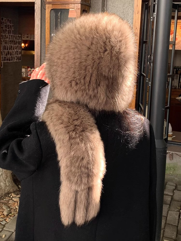 Fox Fur Hat Scarf Snow Hat Women Autumn Winter Warm High-end Double-sided Thickened Plush Earmuff Hat