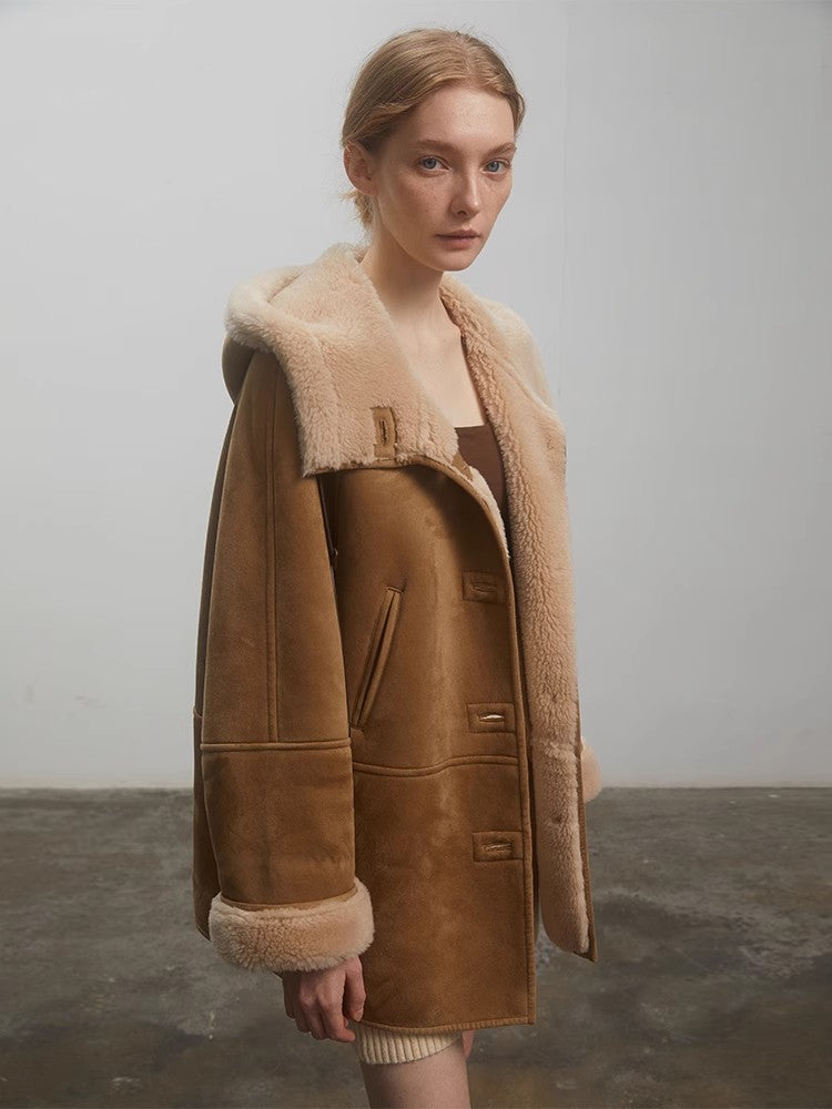 Danish Winter Shearling Coat Hooded Short Style