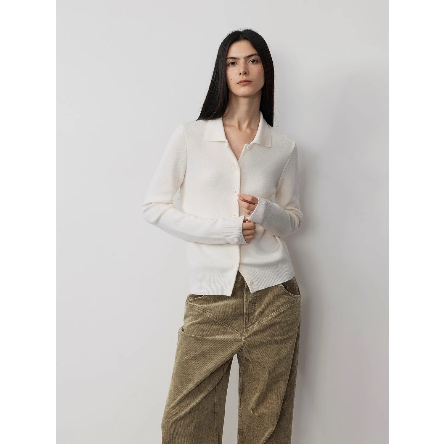 "Lazy urban" Yangtze Merino wool polo-neck cardigan straight-leg knitted pants suit