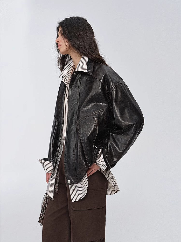 "New York International Student" Retro and fashionable imported waxed sheepskin leather bomber jacket