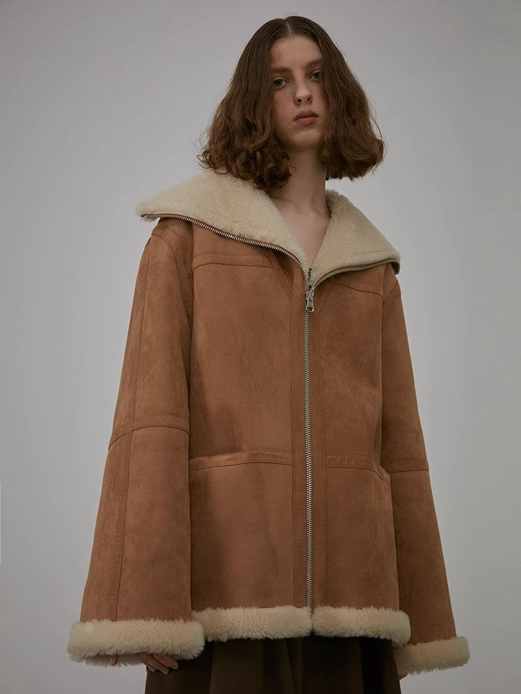 “August Night”Wool Artificial Compound Leather Reversible Shearling Jacket