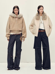 Firelady Fur Women's Merino Shearling Coat | Layered Patch-Dyed Raccoon Fur Collar“Hokkaido Melody”