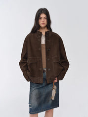 Vintage imported suede sheepskin leather ribbed patchwork jacket "Spring Whisper"