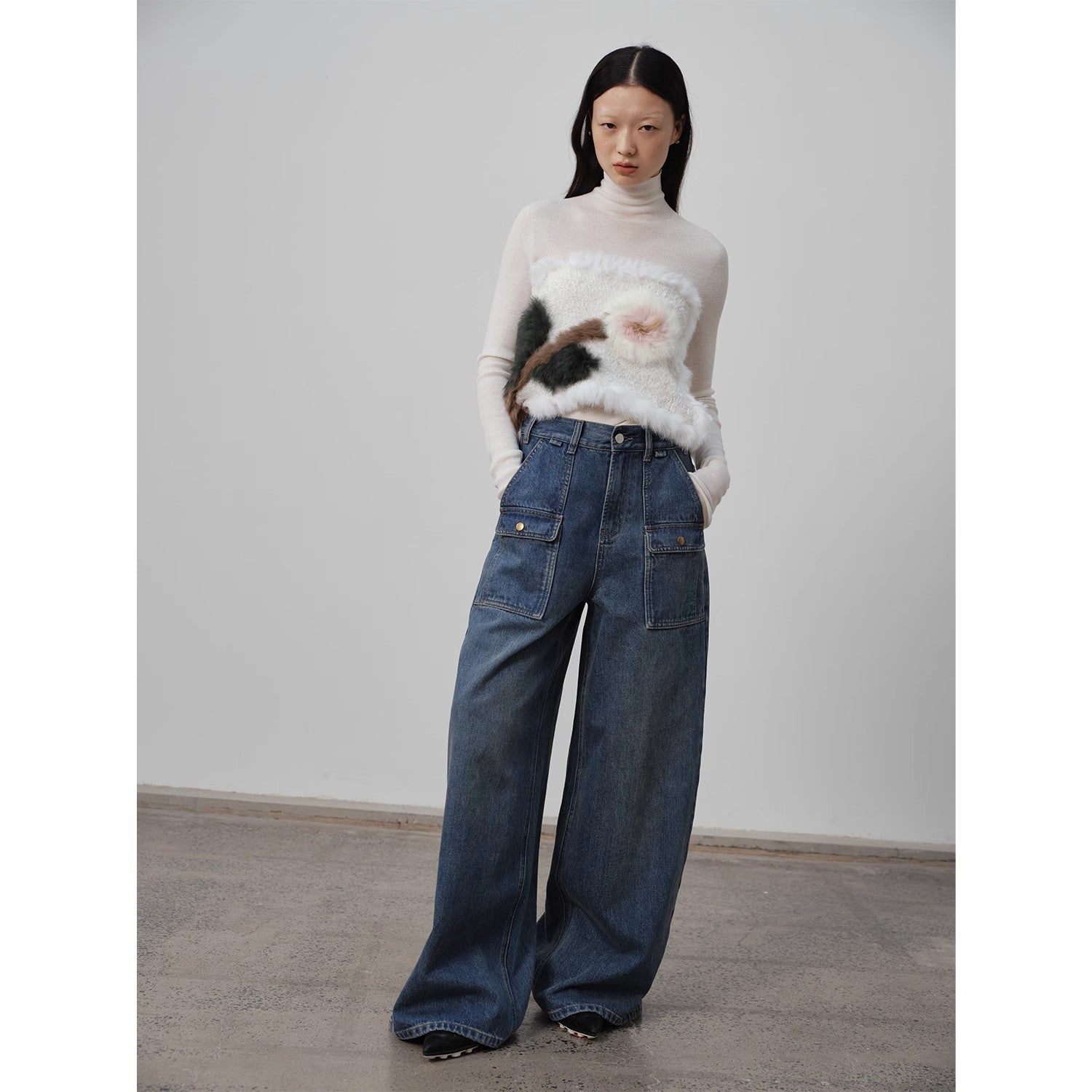 "Silent Deep Sea"Washed Vintage Blue Straight-leg Workwear Jeans for Women, Loose Wide-leg High-waisted Pants