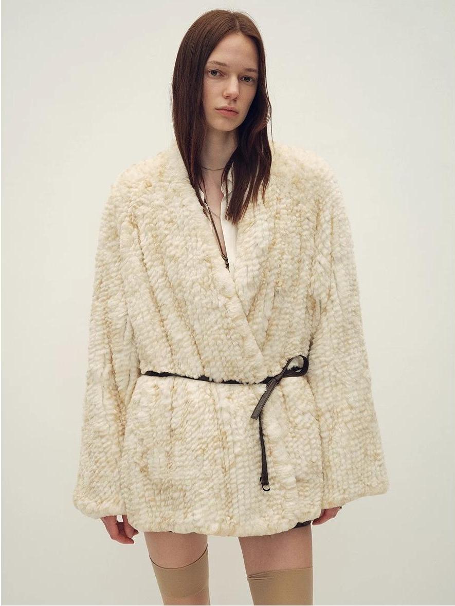 Loose-fitting two-tone gradient-dyed long woven Rex rabbit fur coat "Artistic Weaving"