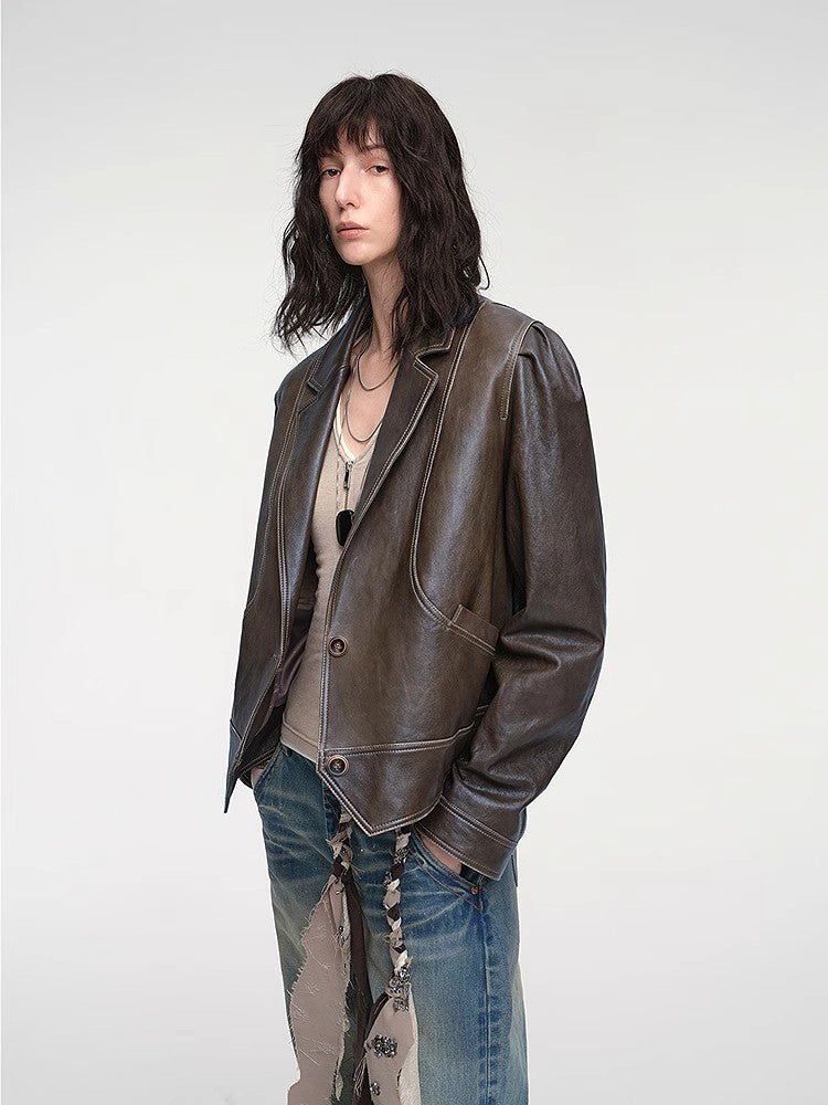 New Zealand imported waxed sheepskin distressed short leather jacket "Vintage Old Stories"