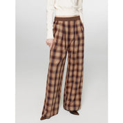 "Patchwork Street Corner" Dyed Retro Plaid Casual Pants for Women, Elastic Waist, Straight-Leg, Wide-Leg Long Trousers