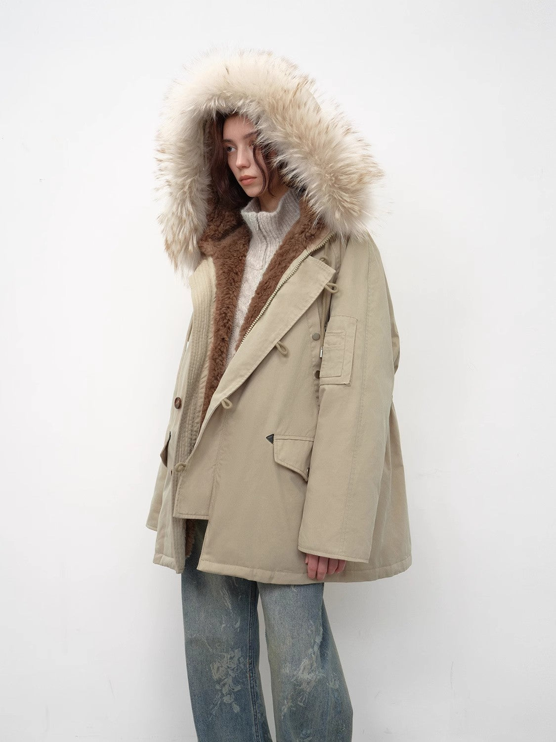 "Coastal Highway II" Hooded Raccoon Fur Collar 90% Duck Down Sheep Shearling Lined Down Parker