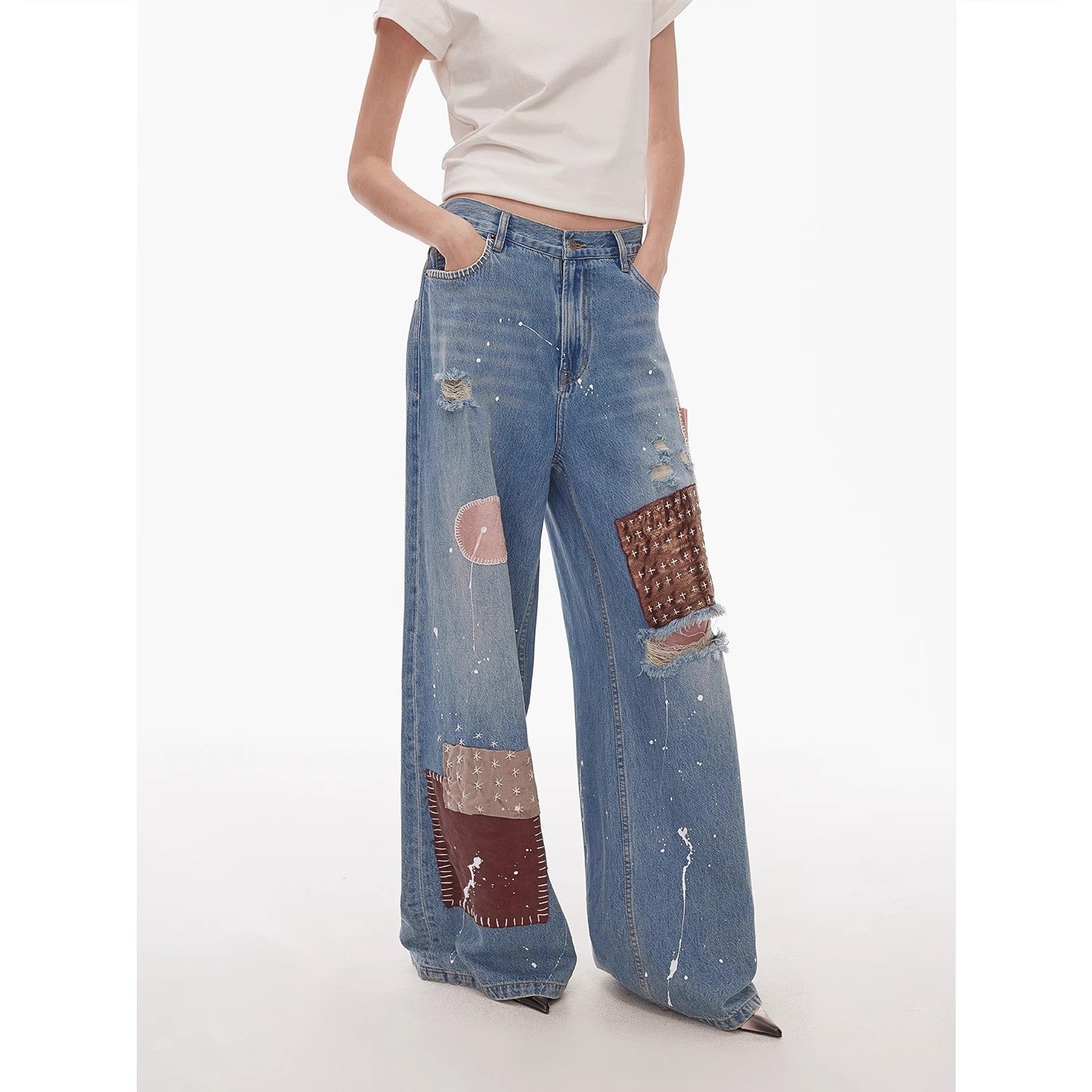 "Uninhibited splicing" retro design mid-low waist washed ripped hole splattered paint cloth patch wide-leg jeans