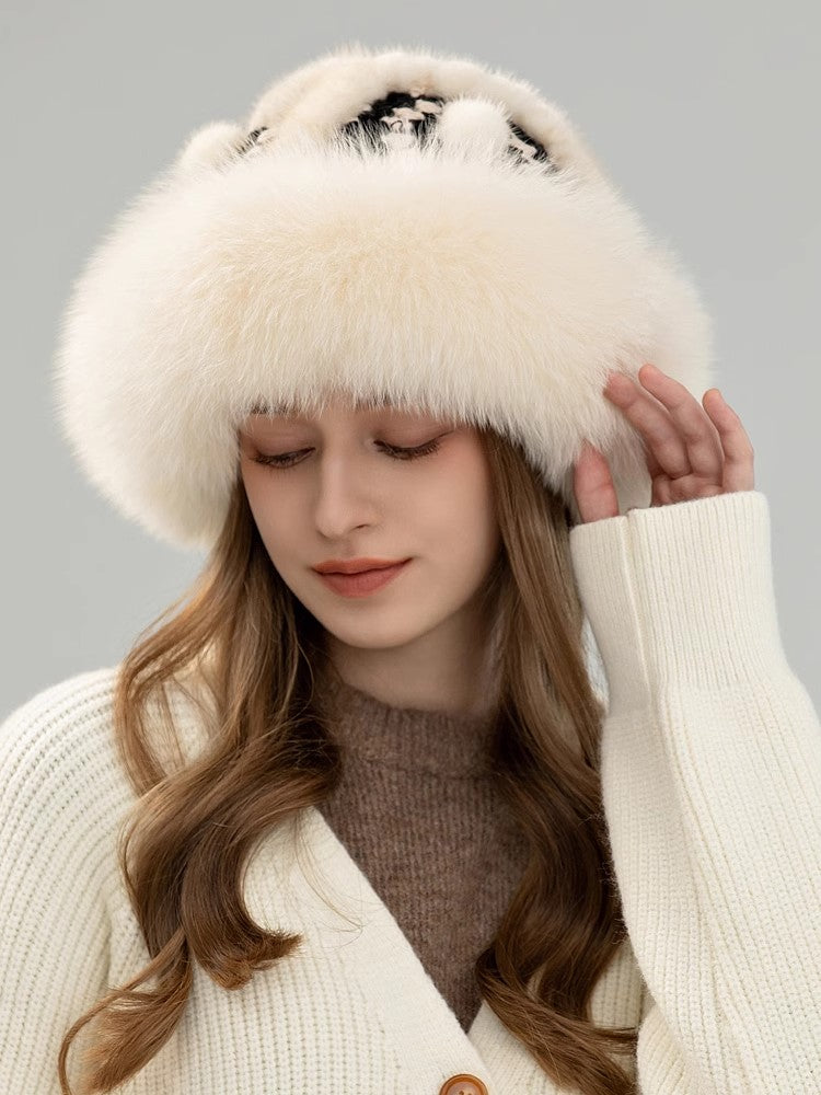 Ethnic style mink warm ear protection fox fur bucket hat