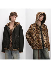 "Leopard Fantasy" Leopard Spot Print Reversible Drop Shoulder Hooded Custom Rabbit Fur Coat