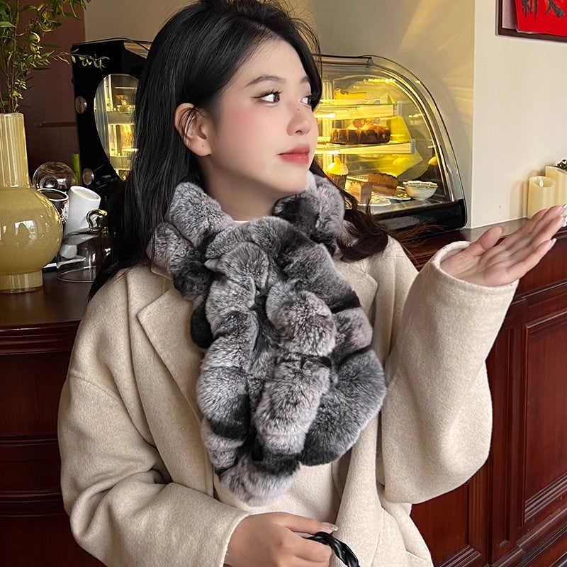 Fur Scarf Women's Winter Rex Rabbit Fur Scarf Warm Thickened Double-Sided Long Neck Sleeve