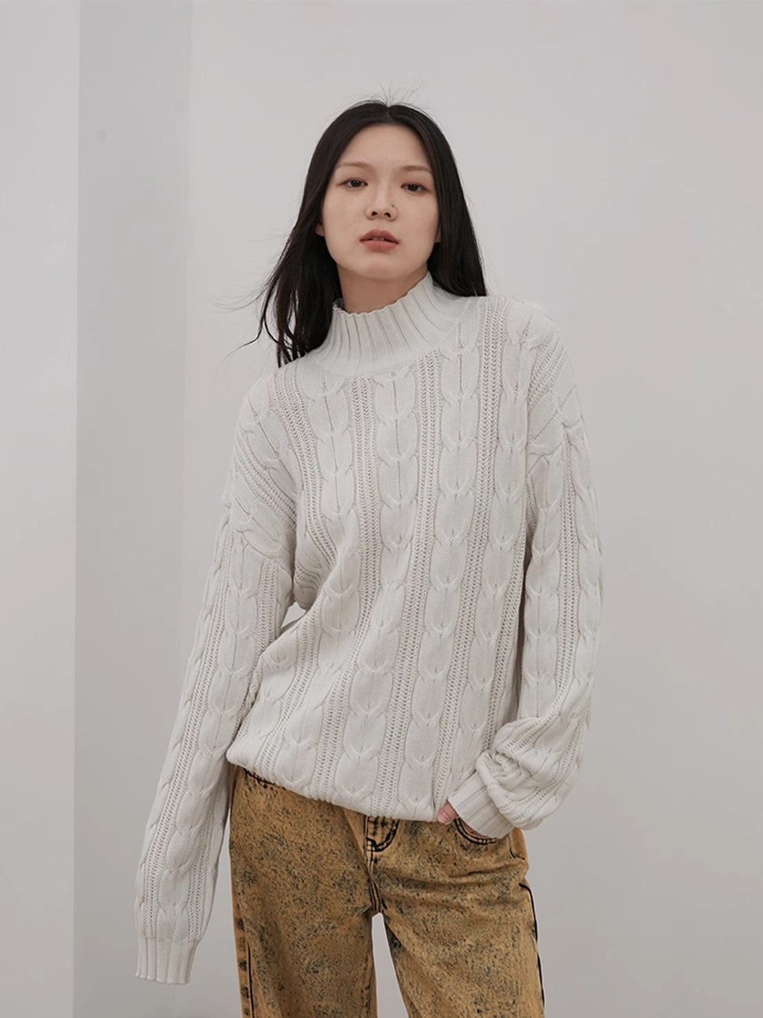Women’s Merino Wool Twisted Oversized Sweaters Turtleneck Long Sleeve Top，“Autumn Moon Star Sea”