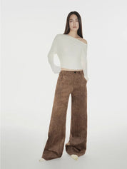 "Vintage Walk" Retro nostalgic chenille suede mid-rise cashew smudge print scimitar pants