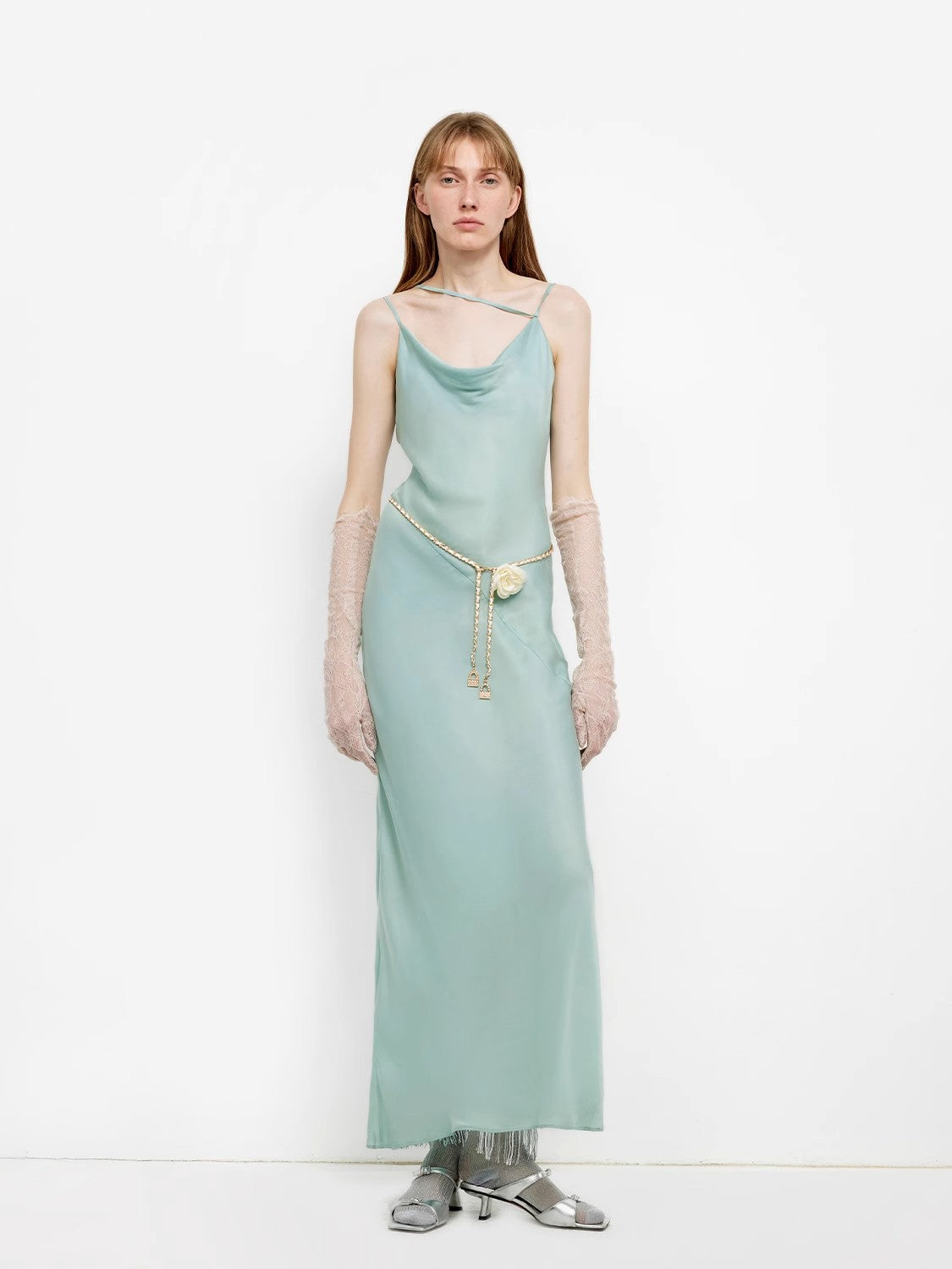 "Island Riddle" Glossy copper-ammonia silk satin light luxury swing collar slim fishtail suspender dress