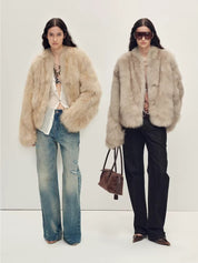 Firelady Fur Women‘s Short Fox Fur Coat | SagaFurs Crown-Grade Ombré Dyed Collar“Chic Sister”