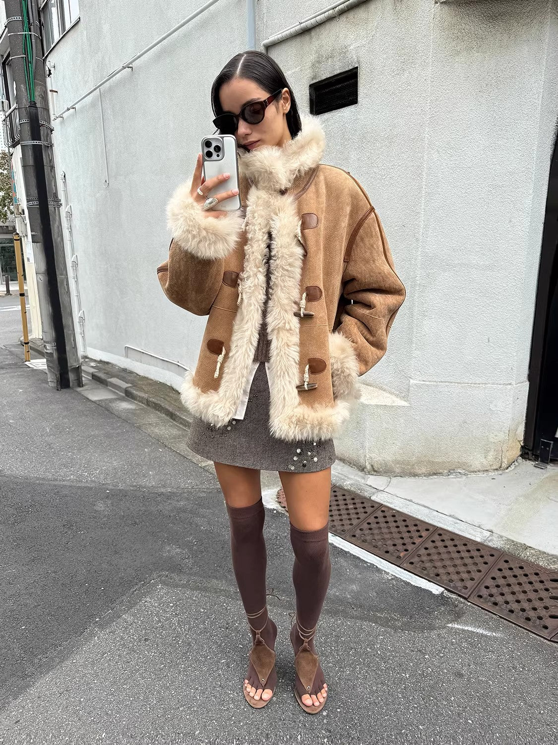 Firelady Fur Women's Shearling Coat | Merino Wool & Curly Toca Trim, Imported Two-Tone Plush Shawl Collar“Galaxy Gala”