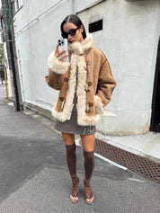 Firelady Fur Women's Shearling Coat | Merino Wool & Curly Toca Trim, Imported Two-Tone Plush Shawl Collar“Galaxy Gala”