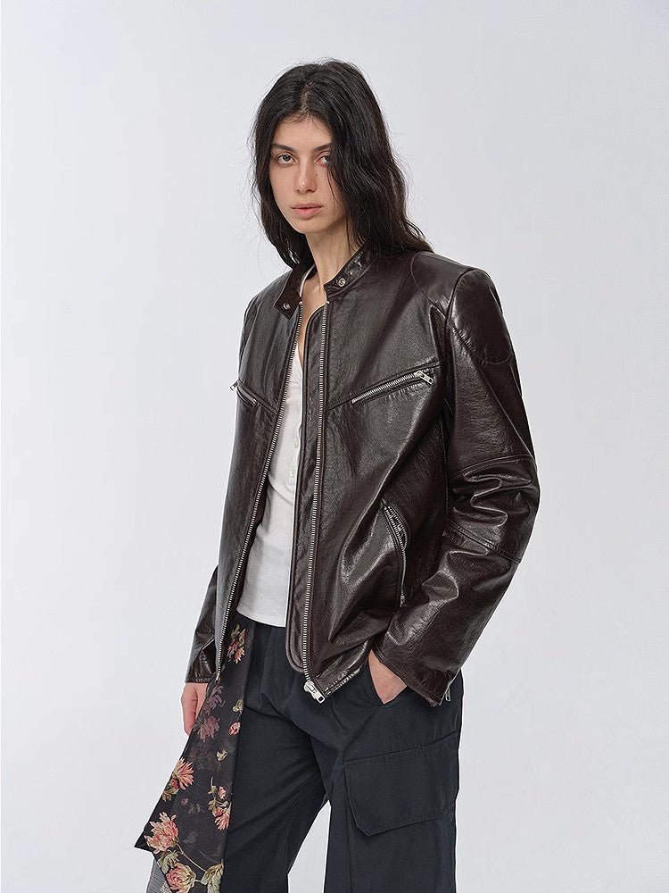 New Zealand imported waxed sheepskin/cowhide vintage motorcycle leather jacket "Manhattan Dark Night"
