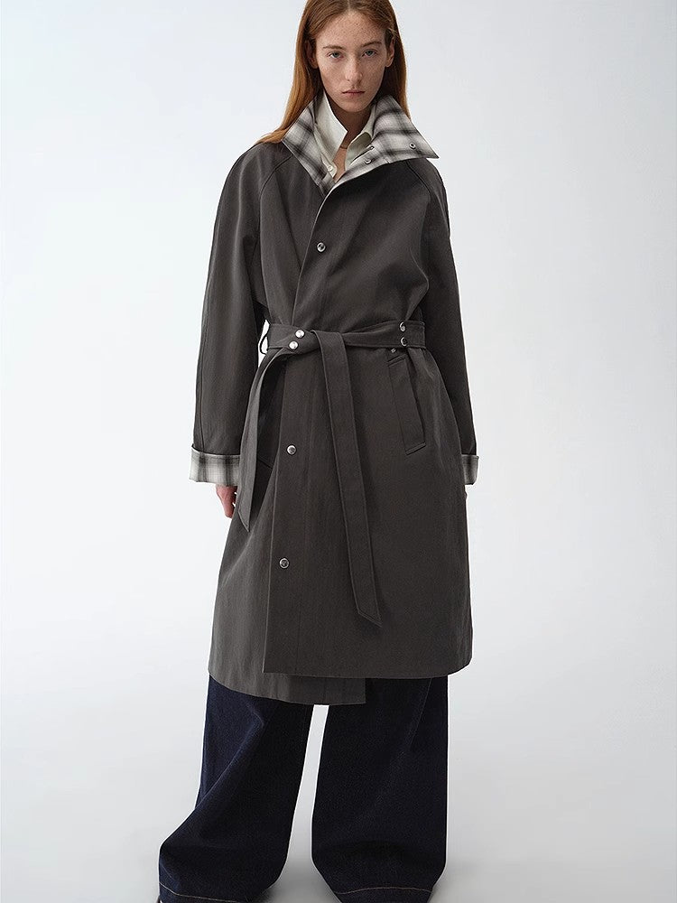 "Urban Island" Retro Plaid Mid-Length Workwear Lapel Trench Coat