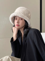 Mink Woven Fur Hat Women's Camellia Flower Bucket Hat