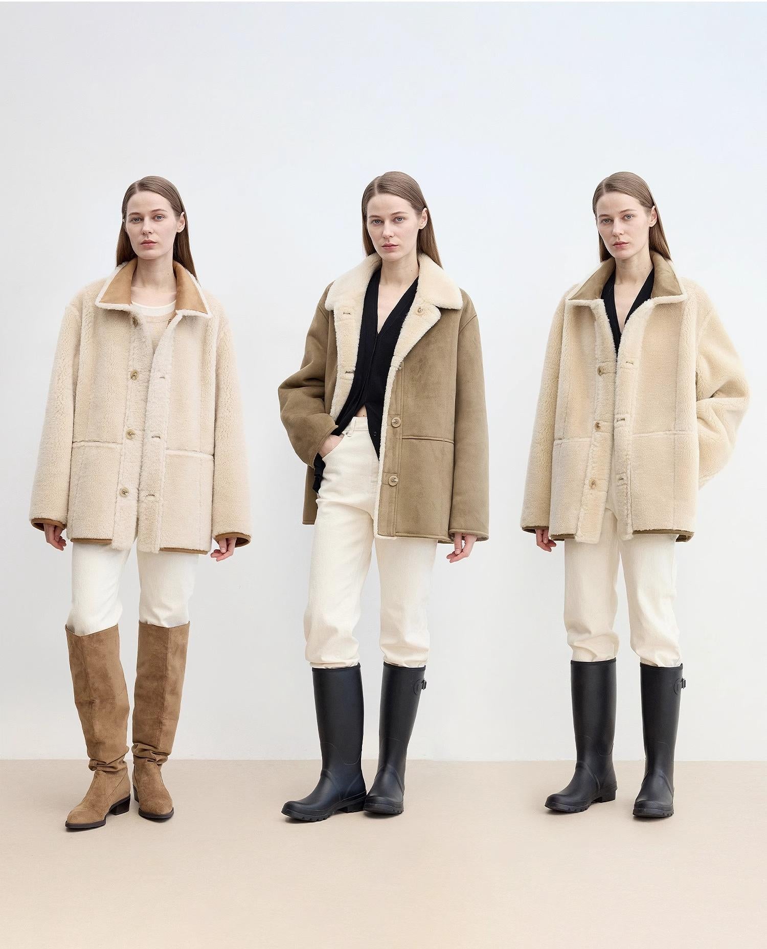 “Vintage Manor”High Quality Wool Contrast Lapel Reversible Artificial Compound Suede Shearling jacket