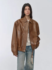 "Fashionable Luke" imported waxed sheepskin leather retro work jacket coat for women