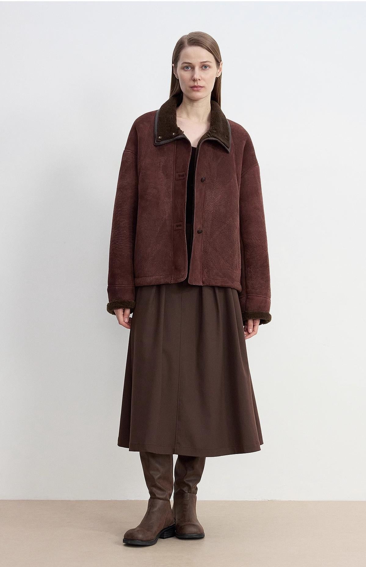 "Knight's Contract" Merino wool sheepskin coat with fur-faced stand-up collar