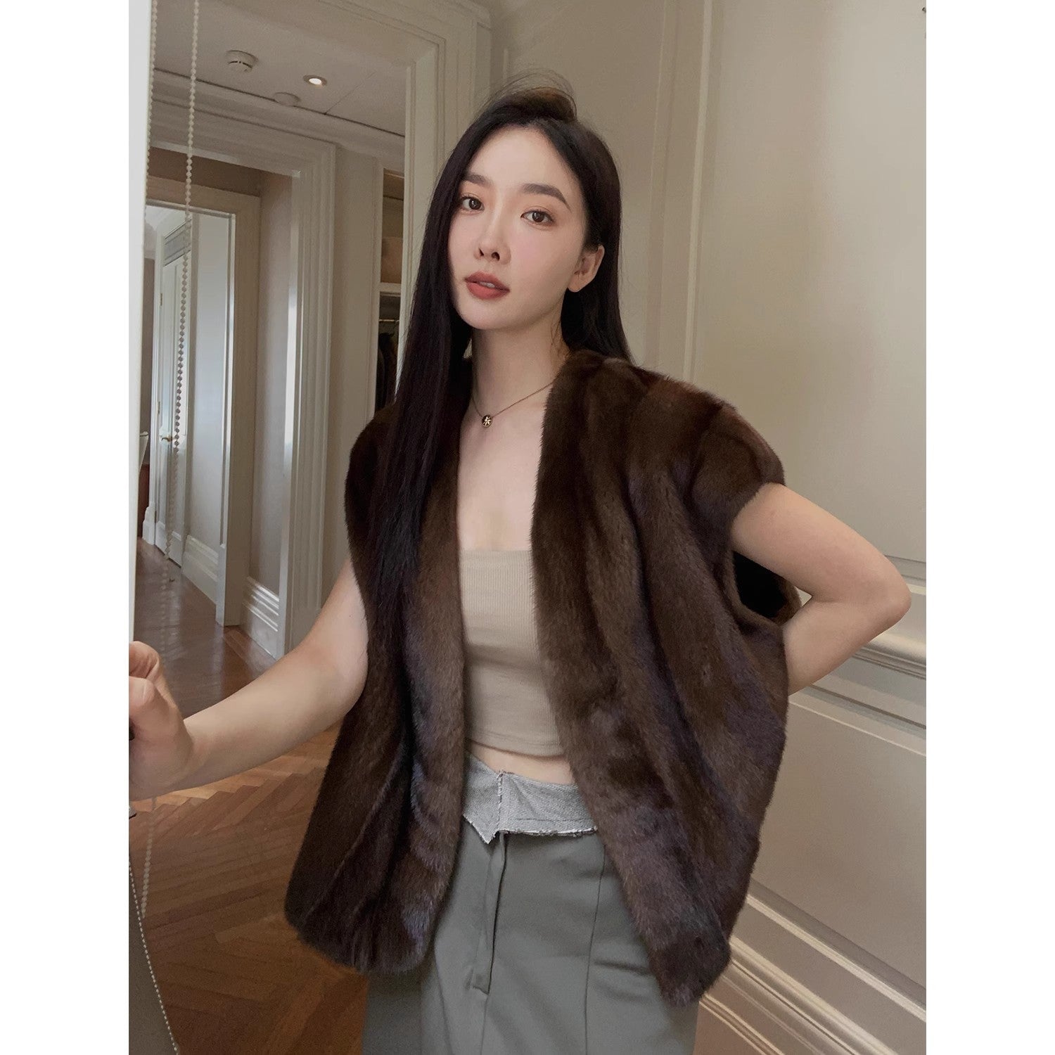 NAMA Chocolate Brownie Imported Whole Mink Vest Fur Coat