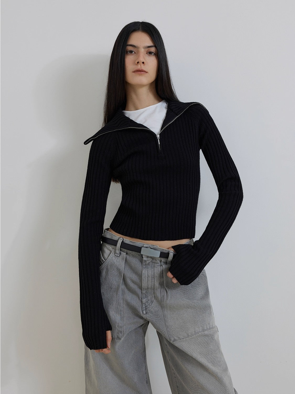 Merino wool stretch ribbed zip-up sweater "Fallen Leaf Street"