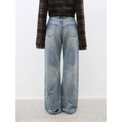 "Denim Shadow"retro washed printed layered casual slimming cotton bootcut jeans