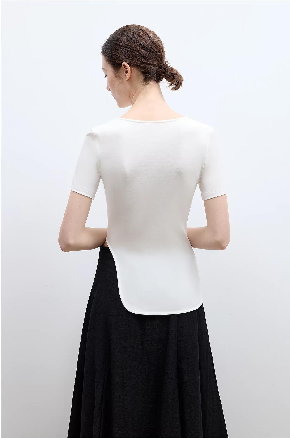 Letrans Women's Asymmetrical Hem T-Shirt - Short Sleeve Top “Architectural Principles”