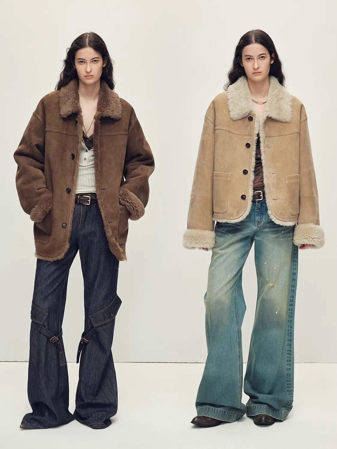 Firelady Fur Women‘s Contrast-Collar Shearling Coat with Shaved Leather Trim & Merino Shearling