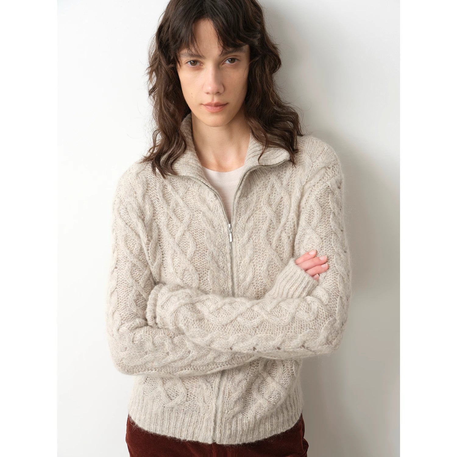 "Romantic Cable" vintage warm flower basic mohair wool cable blend zipper knitted cardigan