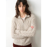 "Romantic Cable" vintage warm flower basic mohair wool cable blend zipper knitted cardigan