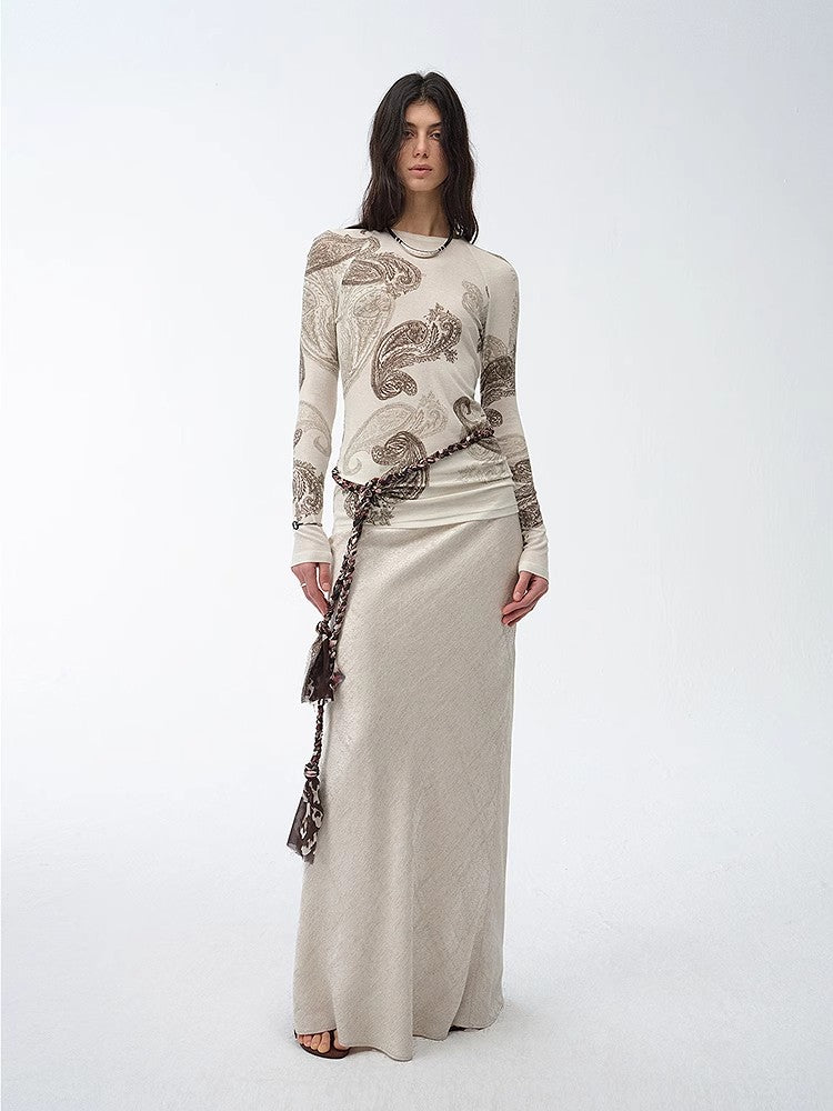 Tencel wool original cashew print round neck slim long sleeve and skirt"Vintage Gene"