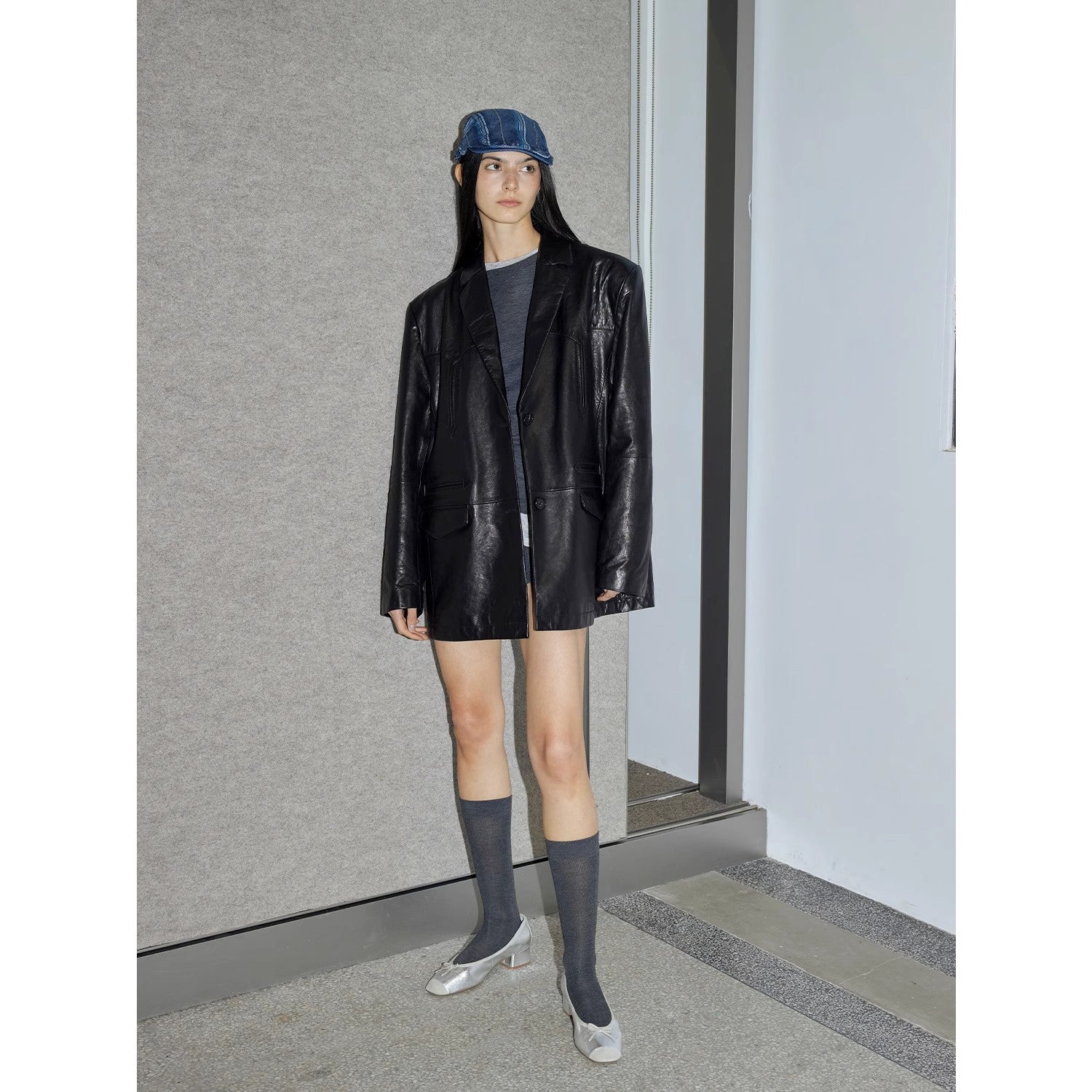 Custom-Dyed Washed Spray-Color Goat Leather Genuine Leather Blazer for Women, Vintage-Finish Leather Jacket “Nostalgic Denim”