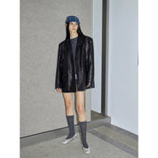 Custom-Dyed Washed Spray-Color Goat Leather Genuine Leather Blazer for Women, Vintage-Finish Leather Jacket “Nostalgic Denim”