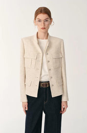 Heavy wool blend tweed stand collar waist cropped coat