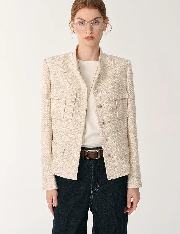 Heavy wool blend tweed stand collar waist cropped coat