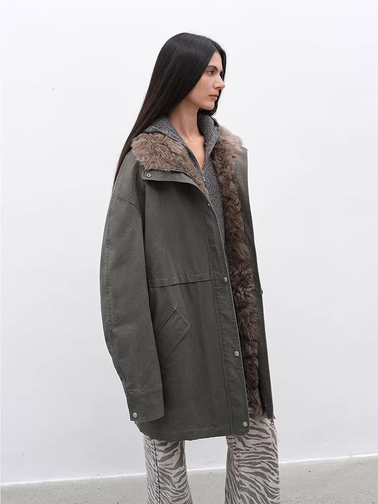 Firelady Fur Women's Denim Down Parka with Detachable Hood & 90% Goose Down - Workwear Style "Cool Denim Fabric"