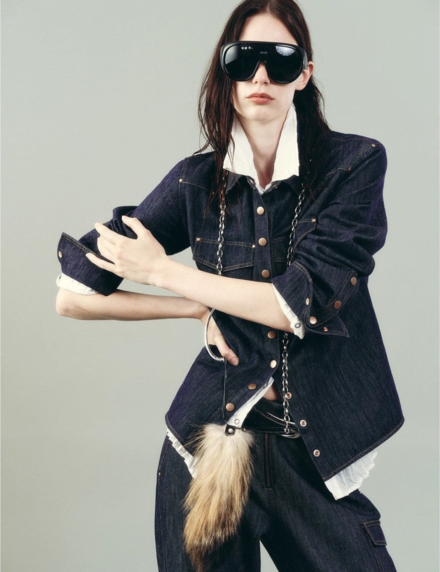 Vintage raw cotton and linen custom red copper rivet lapel pleated waist slim shirt "Daydream Blue"