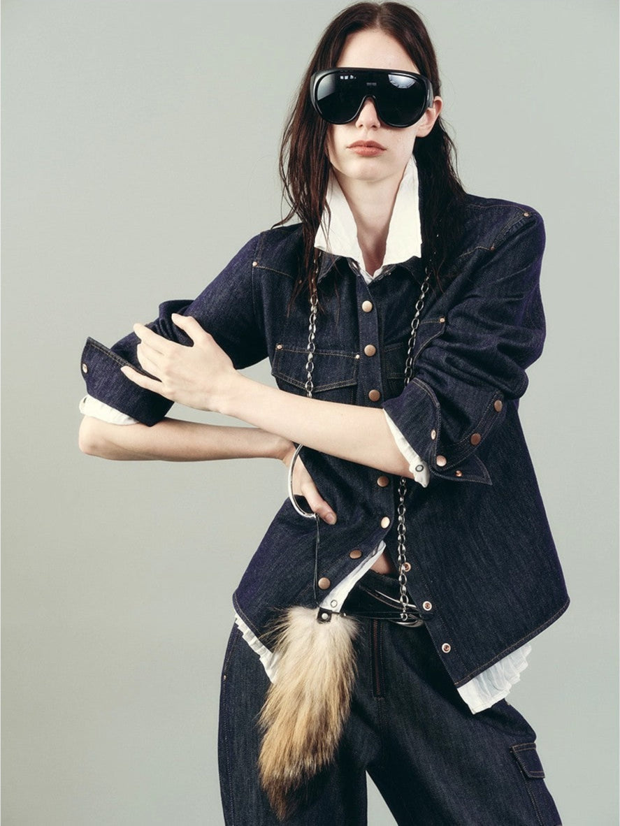 Vintage raw cotton and linen custom red copper rivet lapel pleated waist slim shirt "Daydream Blue"