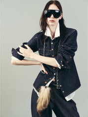 Vintage raw cotton and linen custom red copper rivet lapel pleated waist slim shirt "Daydream Blue"