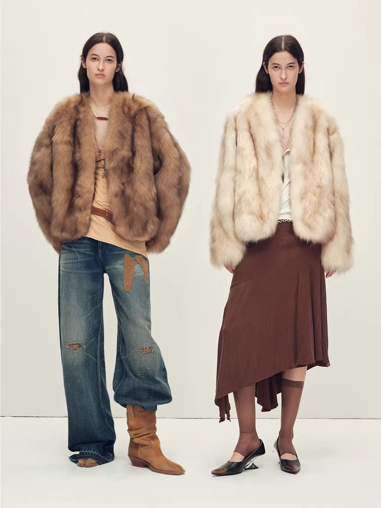 Firelady Fur Women‘s Short Fox Fur Coat | SagaFurs Crown-Grade Ombré Dyed Collar“Chic Sister”